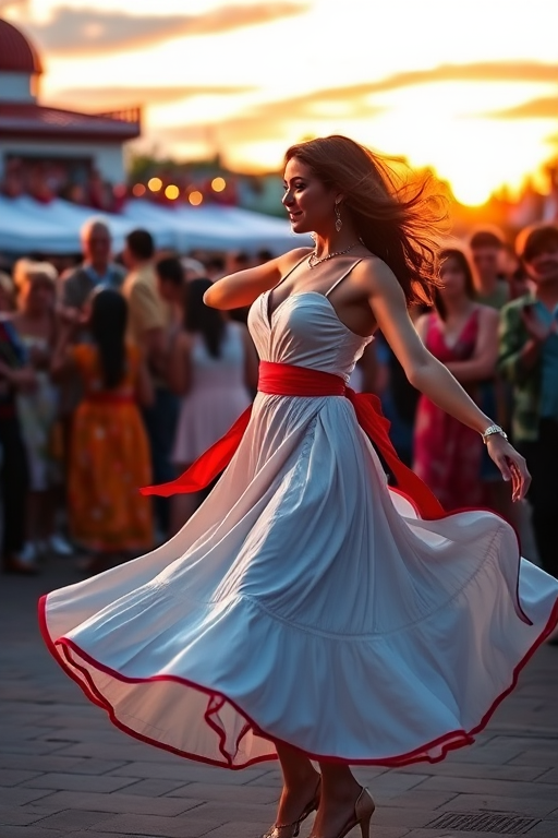 Capture a vibrant scene of a woman dancing gracefully in a flowing white dress with a striking red sash, surrounded by a lively crowd, during sunset; use a DSLR camera with a 50mm lens, aperture f/2.8, ISO 100, and a warm color palette for enhanced depth and emotion.