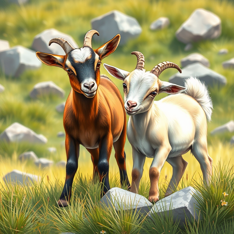 Create a detailed illustration of two playful goats in a grassy setting with rocks, captured with a DSLR camera at f/8 aperture, 50mm lens, in natural light, showcasing vibrant colors and fine textures.