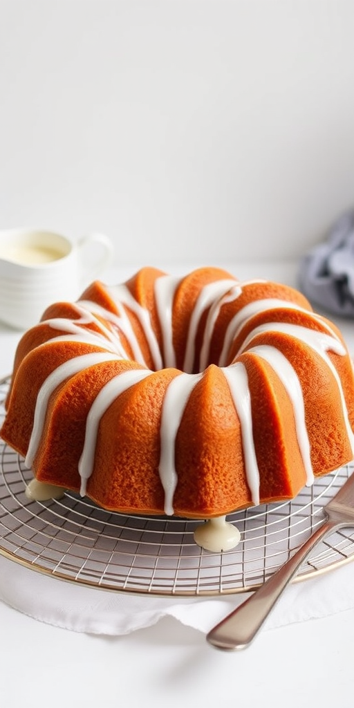 A beautifully baked bundt cake with a glossy icing drizzle on top placed on a cooling rack with a white background accompanied by a small pitcher of cream and silverware on the side.