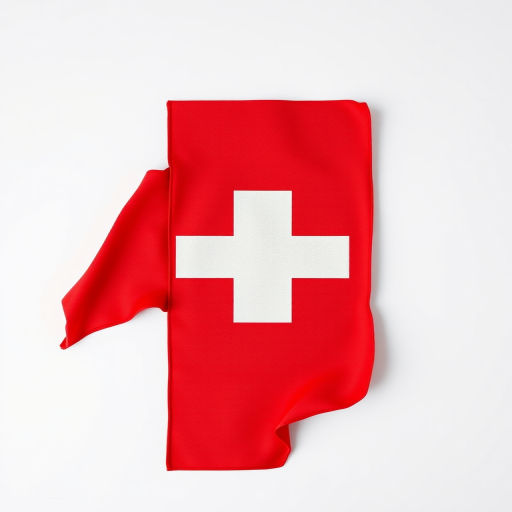 Create a high-resolution image of the Swiss flag featuring a red background with a white cross in the center, shot with a Canon EOS R5 at f/8, ISO 100, 1/200s, in a flat lay view, using a softbox for even lighting.