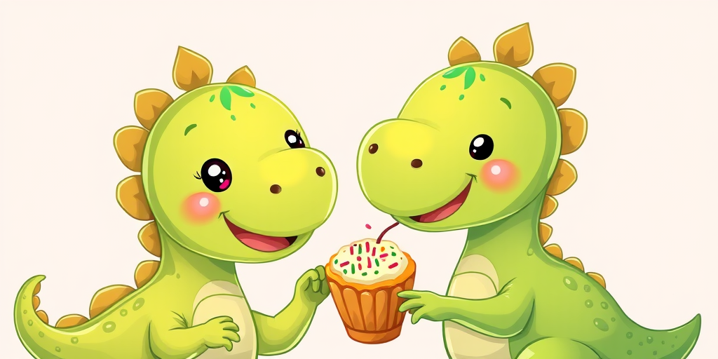 Create a colorful illustration of two cute green dinosaurs with happy expressions, one eating a snack with sprinkles, set against a soft pastel background, using a digital art style with 300 DPI, macro lens view, vibrant color settings, and high-contrast lighting.