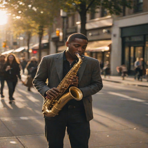 Blurry candid shot of a street artist playing a saxophone on a bustling city corner, soft golden light from a nearby streetlamp casting long shadows, with distant pedestrians blurred in the background.