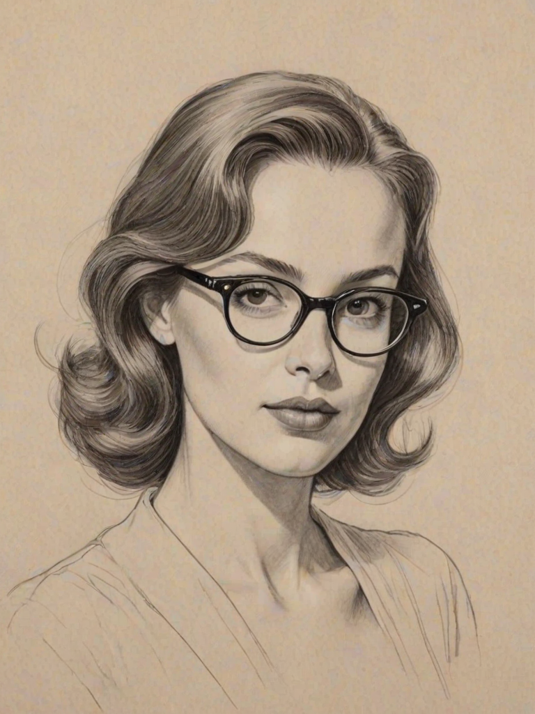 Ravishing Fiona Dourif, pencil sketch, portrait of Graceful woman 1954s in glasses, hair style beatnik, outline, clear lines, fine lines, 8k