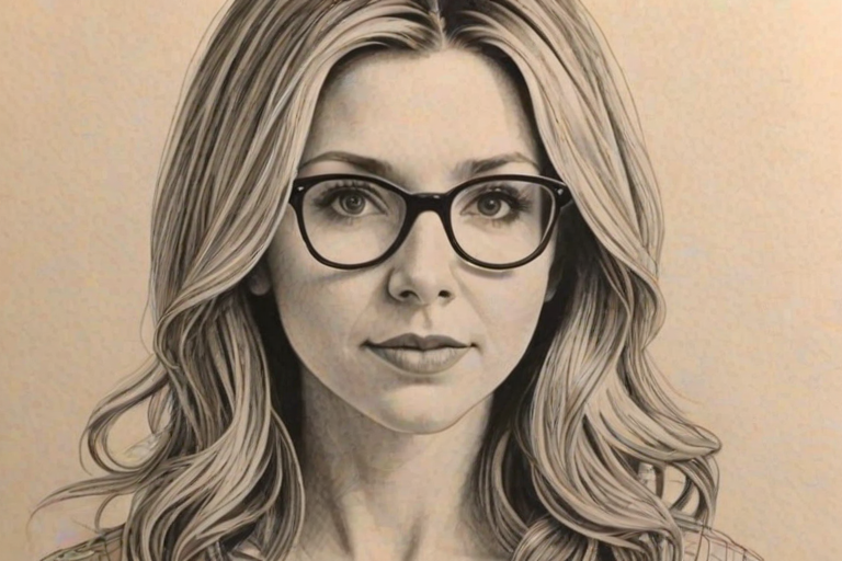 Bewitching Sarah Chalke, pencil sketch, portrait of Exquisite woman 1966s in glasses, hair style beatnik, outline, clear lines, fine lines, 8k