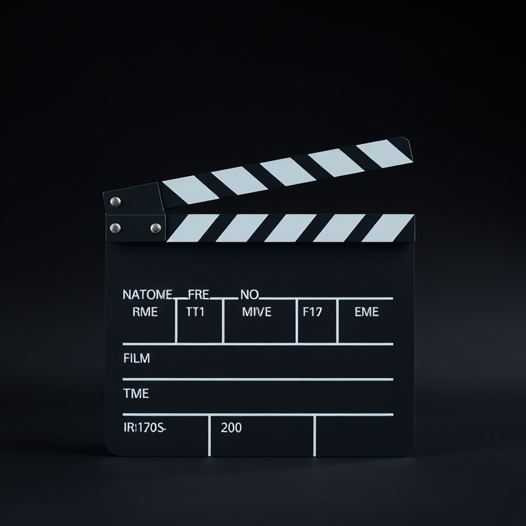 Create a high-resolution image of a classic film clapperboard with a clean black background, shot using a Canon EOS R5 with a 50mm lens, aperture f/2.8, shutter speed 1/125s, ISO 200, in a soft light studio setup to enhance clarity and detail.