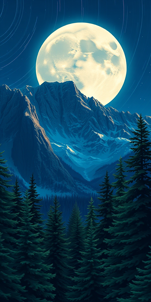 Create a high-resolution illustration of a mountain landscape at night with a large moon, surrounded by evergreen trees, using a DSLR camera with a 50mm lens, aperture set to f/8, ISO 200, long exposure to capture star trails, in a vibrant digital art style.