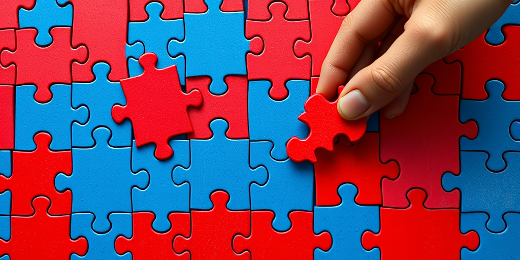 Create a high-resolution image of a colorful jigsaw puzzle with red and blue pieces, featuring a hand placing a red piece in an empty spot on the right; use a Canon EOS R5 camera with a 50mm lens, aperture set at f/2.8, ISO 100, and a soft, diffused lighting setup for enhanced color vibrancy and clarity.