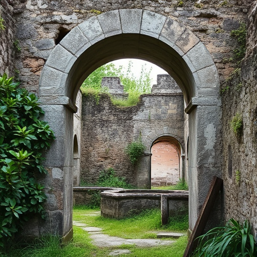 A weathered stone archway in an ancient ruin surrounded by overgrown vegetation, captured with a DSLR camera at aperture f/8, shutter speed 1/125, ISO 200, using a wide-angle lens from a low angle to enhance depth and detail in the textures.