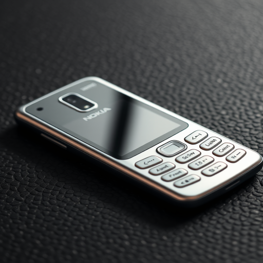 Create a high-resolution image of a silver Nokia mobile phone lying on a textured black surface with a shallow depth of field, using a 50mm lens, f/1.8 aperture, ISO 100, and natural lighting from the side to enhance reflections and details.
