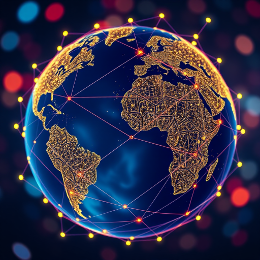 Create a high-resolution image of a stylized globe representing a global network with interconnected lines and nodes, using a Canon EOS R5 with a 50mm lens, aperture set to f/2.8, ISO 100, with the view from slightly above, in a vibrant color palette.