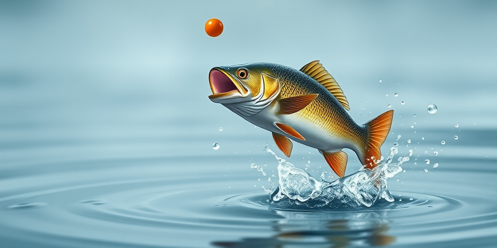 Create a high-resolution illustration of a fish jumping out of the water with a bobber above it, using a DSLR camera with a 50mm lens at f/1.8, ISO 100, and a 1/1000 second shutter speed, with a shallow depth of field for a smooth background effect.