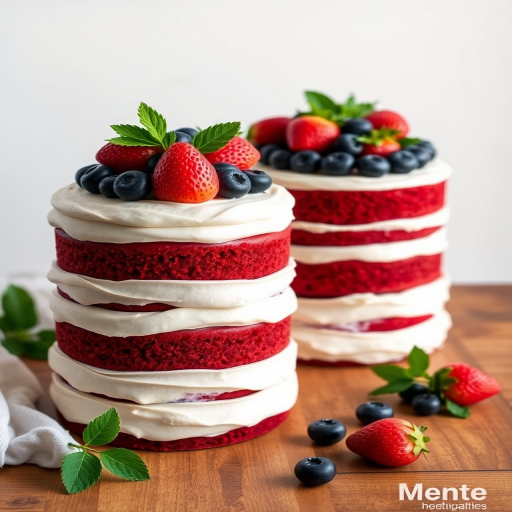 Create an image of two elegant red velvet cakes stacked with layers of cream cheese frosting and topped with fresh strawberries blueberries and green leaves on a wooden surface in a softly lit setting.