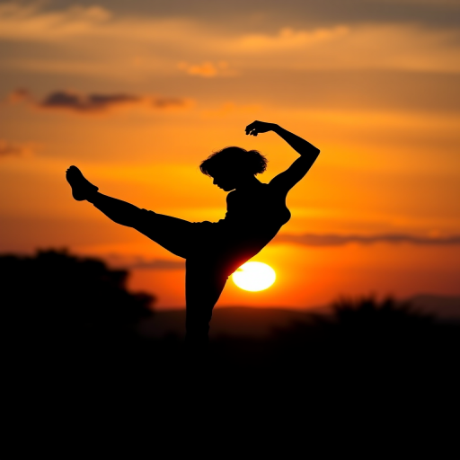 Create a high-resolution silhouette of a person in a dynamic dance pose against a colorful sunset background, captured with a Canon EOS R5, 24-70mm f/2.8 lens, aperture f/4, ISO 100, shot from a low angle to enhance depth and perspective.