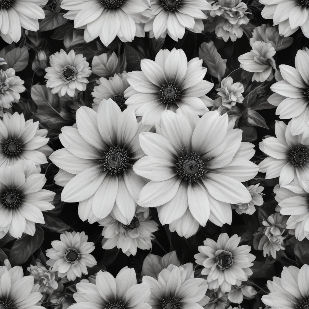 Elegant Black and White Floral Pattern Featuring Various Blooming Flowers