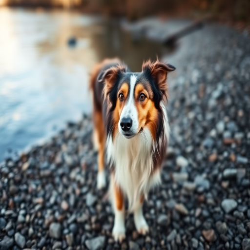 collie dog standing on a pebbled riverbank, natural lighting, f/2.8, 1/200 sec, ISO 100, 50mm lens, shallow depth of field, focus on the dog's face, DSLR camera