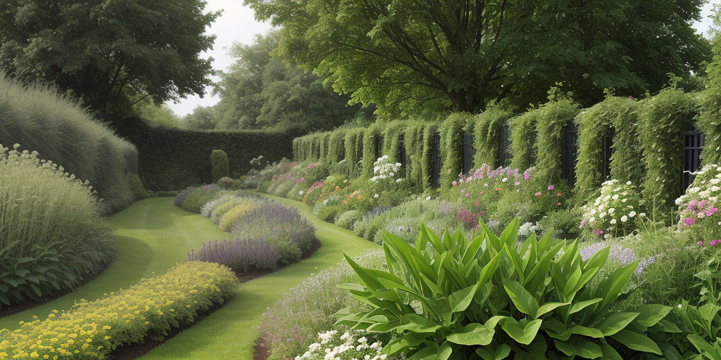 Serene Garden Pathway Surrounded by Vibrant Flowers and Lush Greenery