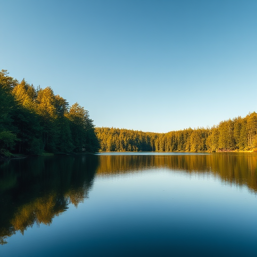 Create a high-resolution image of a tranquil landscape featuring a serene lake surrounded by lush green trees and a clear blue sky, shot with a Canon EOS R5 at 24mm focal length, f/8 aperture, ISO 100, using natural lighting for vibrant colors and sharp details.
