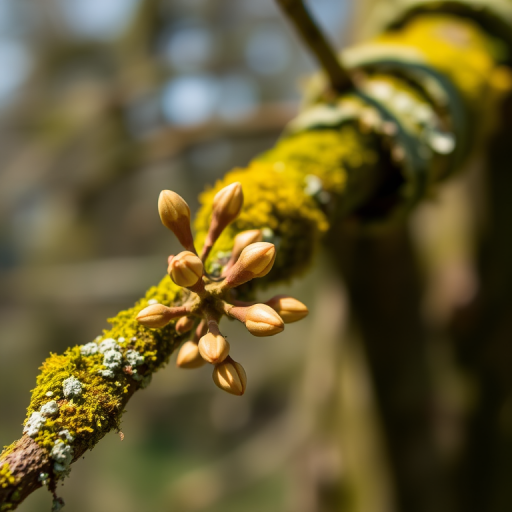 macro photograph of a tree branch covered in moss and lichen with budding flowers, shallow depth of field, natural sunlight, ISO 100, f/2.8, 1/250 sec, 50mm lens, DSLR camera, focus on foreground buds with blurred background
