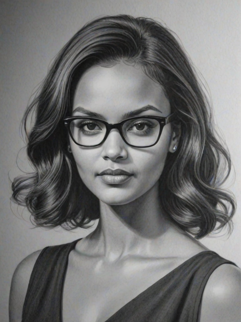 Exquisite Jessica Lucas, pencil sketch, portrait of Fascinating woman 1958s in glasses, hair style beatnik, outline, clear lines, fine lines, 8k