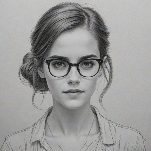 Delightful Emma Watson, pencil sketch, portrait of Stunning woman 1934s in glasses, hair style beatnik, outline, clear lines, fine lines, 8k