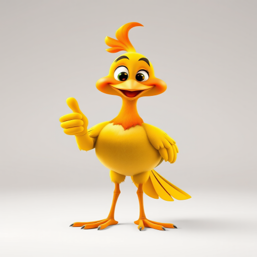 Create a vibrant cartoon image of a quirky bird standing upright with a friendly expression, thumbs up gesture, bright colors, and a simple background, shot with a DSLR camera at f/2.8 aperture, ISO 100, using a 50mm lens in a well-lit studio setting.