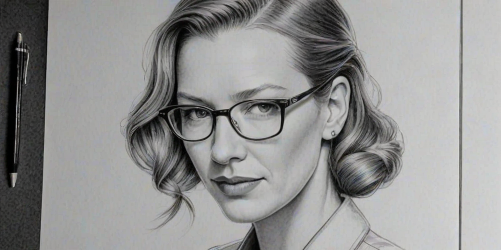 Pleasing Anna Torv, pencil sketch, portrait of Elegant woman 1937s in glasses, hair style beatnik, outline, clear lines, fine lines, 8k