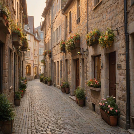 Soft-focus image of a narrow cobblestone street in an old European town at sunrise, soft golden light reflecting off the stone buildings, with flower boxes hanging from windows.