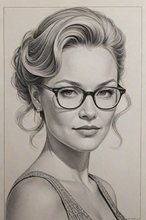 Exquisite Becki Newton, pencil sketch, portrait of Graceful woman 1950s in glasses, hair style beatnik, outline, clear lines, fine lines, 8k