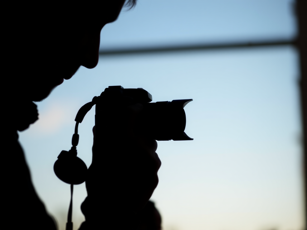 A silhouette of a person holding a camera, shot using a DSLR, aperture f/2.8, ISO 100, 50mm lens, natural light, with a shallow depth of field for a soft background.
