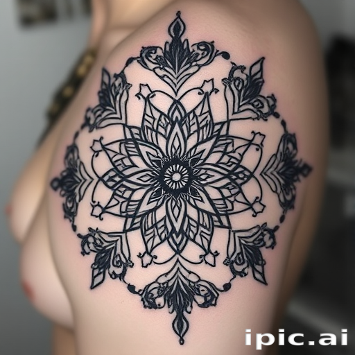 Intricate blackwork tattoo called "Shadow Lace" showcasing delicate geometric patterns intertwined with floral motifs creating a mesmerizing web-like design with bold contrasts and fine line details