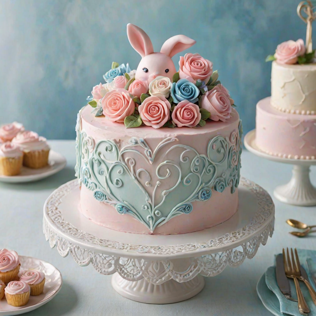 Create an image of a whimsical heart-shaped cake decorated with pastel-colored frosting in soft pink, blue, and white. The cake should have intricate swirls and floral designs made of buttercream, with small decorative elements like fondant roses. Atop the cake, place a cute bunny figurine with a blue bow, surrounded by a dreamy, soft backdrop that enhances the cake's playful aesthetic. Include a delicate lace tablecloth and a charming cake stand to complete the scene.