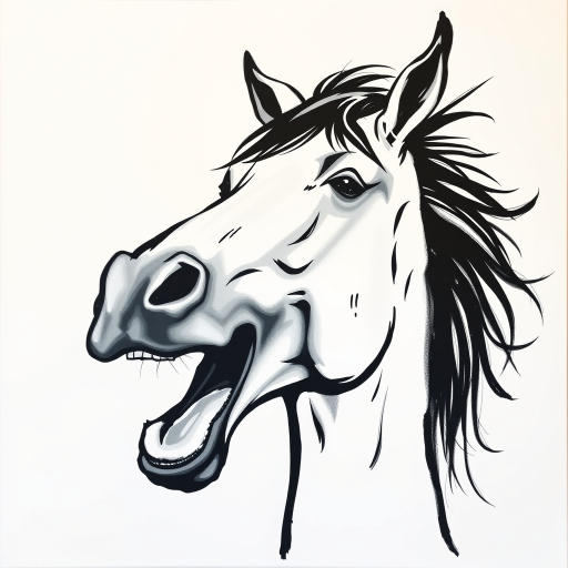 Abstract black and white acrylic portrait of an over exaggerated laughing (horse). Minimalism style. White background.