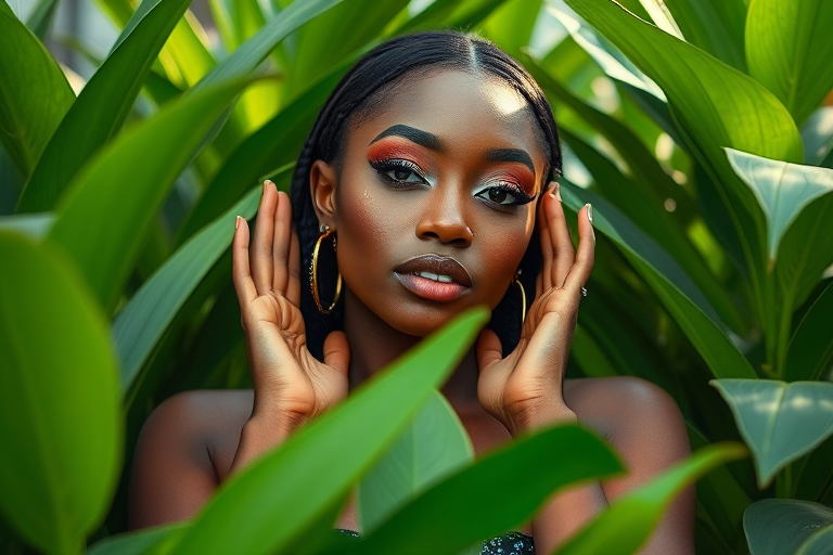 Regenerate the image of a woman with glittery eyeshadow and large earrings posing with hands near her face surrounded by lush green plants, captured with a Canon EOS R5, 50mm lens, f/1.8 aperture, ISO 100, natural light, portrait view, high dynamic range style.
