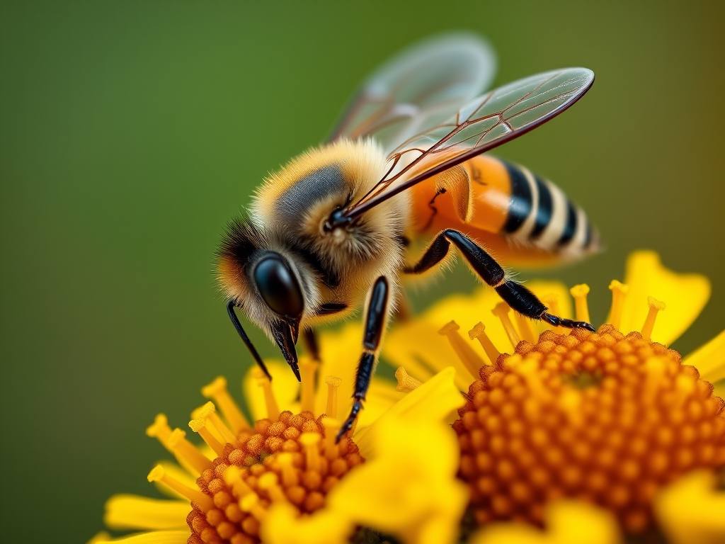 macro shot of a honeybee collecting nectar from bright yellow flowers, shallow depth of field, 100mm f/2.8 macro lens, ISO 200, 1/500s, natural light, DSLR camera