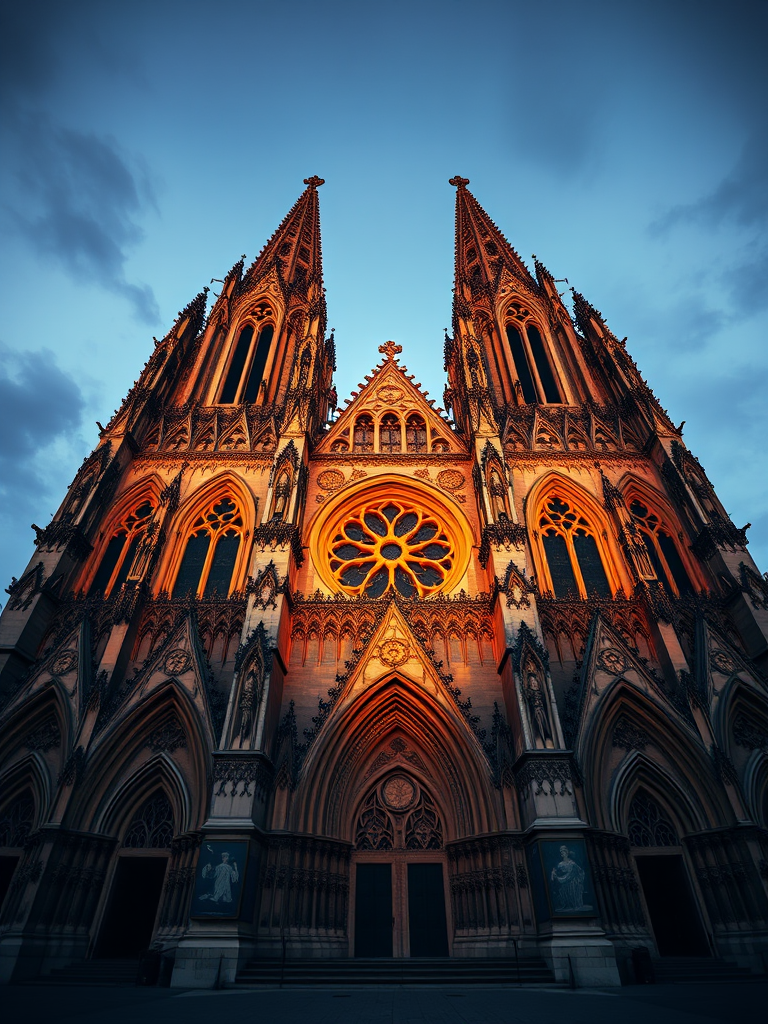 regenerate a high-resolution image of a Gothic cathedral with intricate architectural details, taken from a low-angle view at dusk, using a full-frame DSLR camera set to f/8 aperture, ISO 100, and a 24mm wide-angle lens for enhanced perspective and depth.