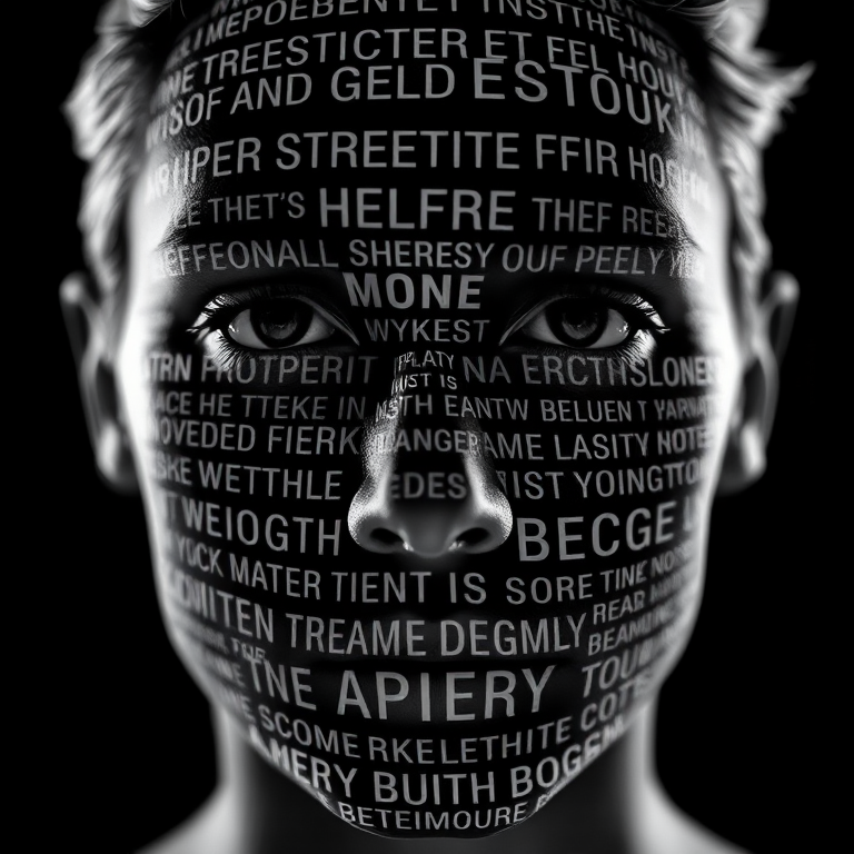 Create a high-contrast black and white image of a human face made up of inspirational text, using a Canon EOS R5 with an ISO of 100, an aperture of f/2.8, a shutter speed of 1/200s, captured in a frontal view with a shallow depth of field for enhanced clarity.