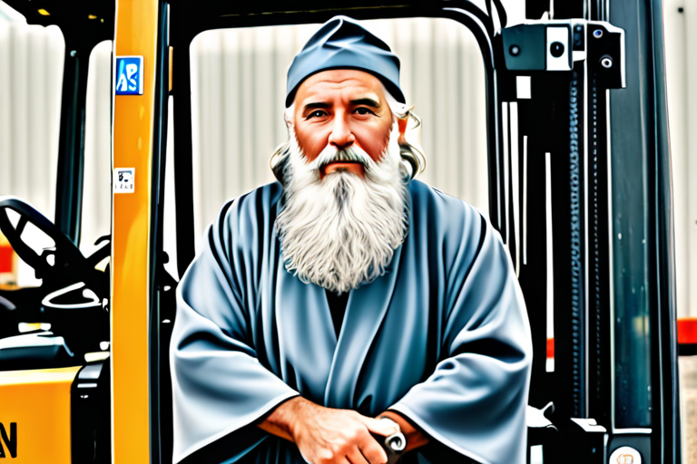 wizard gray robes long white beard driving forklift photo realistic