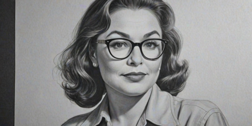 Enchanting Roseanne Barr, pencil sketch, portrait of Charming woman 1940s in glasses, hair style beatnik, outline, clear lines, fine lines, 8k