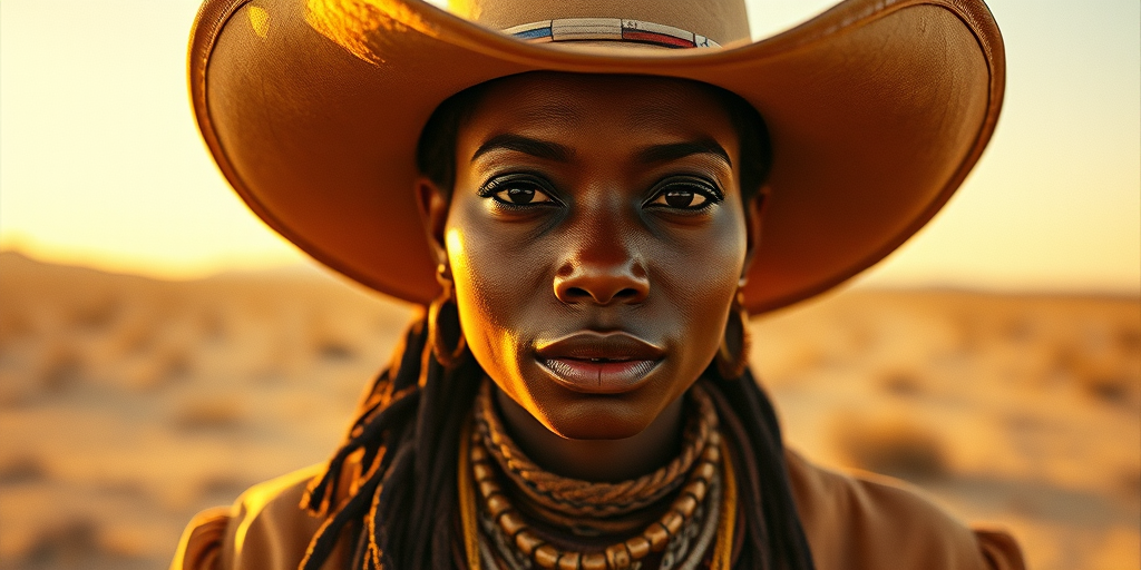 Dramatic photo of a beautiful Kikuyu woman, classic cowboy attire, confident and free spirit expression, half-length portrait, centered, golden hour desert landscape, warm, diffused light, low angle, medium format film camera, in style of Annie Leibovitz.