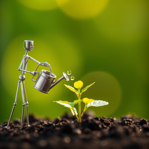 A metal figurine of a person, constructed from thin, silver rods, stands on the left side of the image, facing the viewer. The figurine is holding a small watering can and pouring water onto a young plant, with a few droplets in the air. The plant, with lush green leaves, is situated in the center, growing from dark soil. The background is a soft, out-of-focus blur of green, illuminated by warm, natural light.  The composition creates a sense of depth and intimacy. The image evokes feelings of growth, nurture, and hope.
