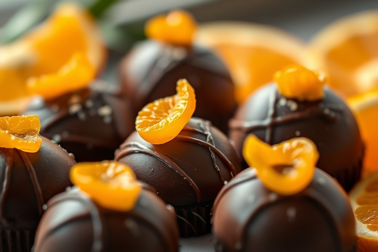 close-up of chocolate truffles topped with candied orange peel alongside sliced candied oranges, soft natural lighting, 50mm lens, aperture f/2.8, ISO 200, shallow depth of field, DSLR camera
