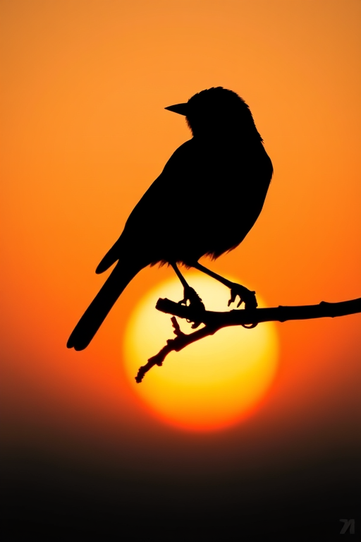 Capture a high-contrast black silhouette of a bird perched on a branch against a sunset background, using a DSLR camera with a 50mm lens, aperture set to f/2.8, ISO 100, and a shutter speed of 1/250s, with a slight vignette effect for depth.