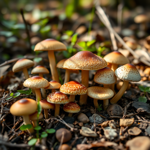 Generate an image of diverse mushrooms in a natural setting with soft lighting, using a Canon EOS 5D Mark IV, 50mm lens, f/2.8, ISO 100, 1/60 sec, with a shallow depth of field and a slightly off-center composition to enhance focus on the mushrooms.