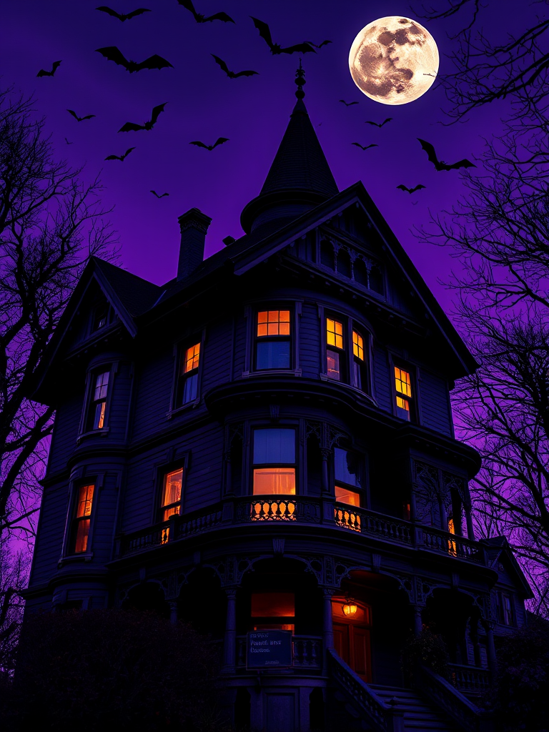 Haunted Victorian house at night, purple sky with a full moon, bats flying, illuminated windows, low angle view, ISO 200, f/8, 1/60 sec, HDR photography, digital art style.