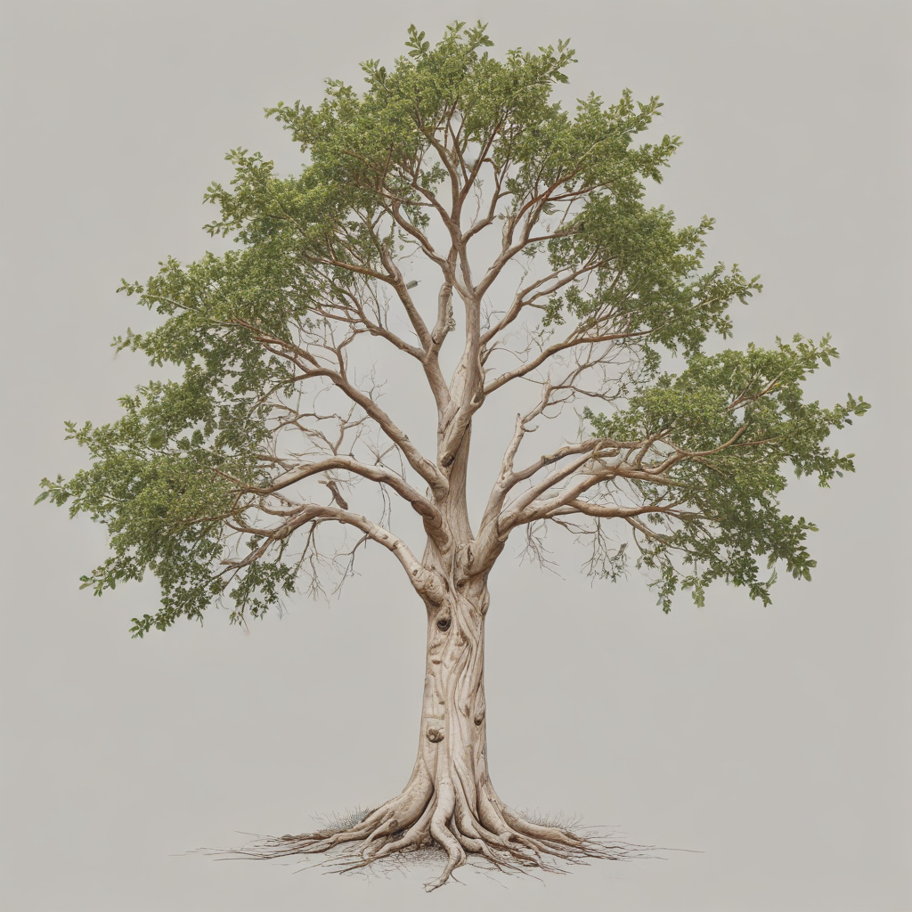 A Majestic Tree Standing Tall with Lush Green Leaves and Strong Roots.