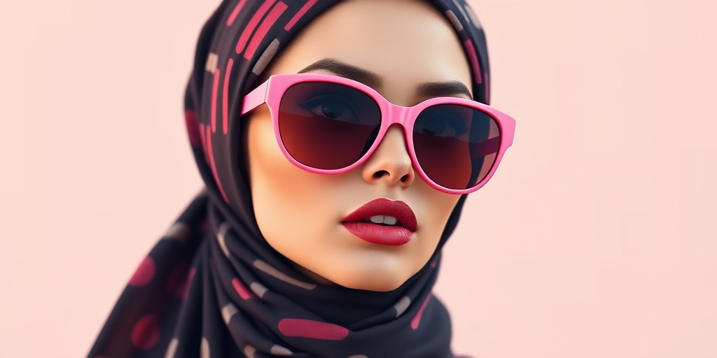 Create a high-resolution vector style illustration of a woman with a vintage aesthetic, wearing oversized pink sunglasses and a stylish headscarf, with a soft color palette and minimal background, captured with a Canon EOS R5, 85mm lens, f/1.8 aperture, and natural lighting for enhanced texture and detail.