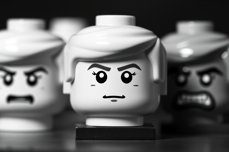 Create a high-contrast black and white image of three LEGO headpieces with varying facial expressions, using a DSLR camera set to f/2.8 aperture, 50mm lens, ISO 100, shallow depth of field, and a slight tilt-shift focus effect to emphasize the central head.