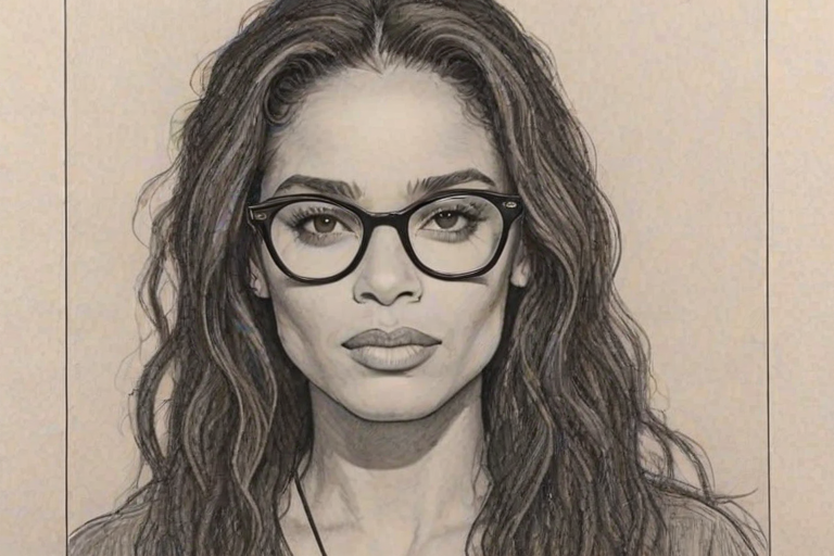 Radiant Lisa Bonet, pencil sketch, portrait of Appealing woman 1961s in glasses, hair style beatnik, outline, clear lines, fine lines, 8k
