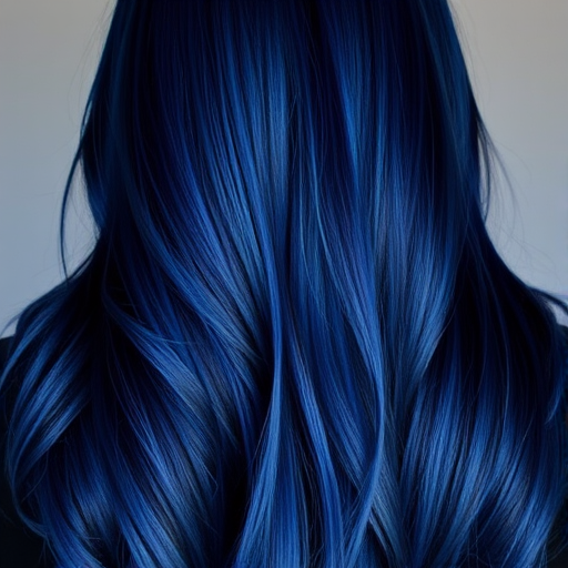 Mysterious midnight blue long layers, named "Starry Night," shimmer with iridescent undertones and a sleek, straight texture that catches the light