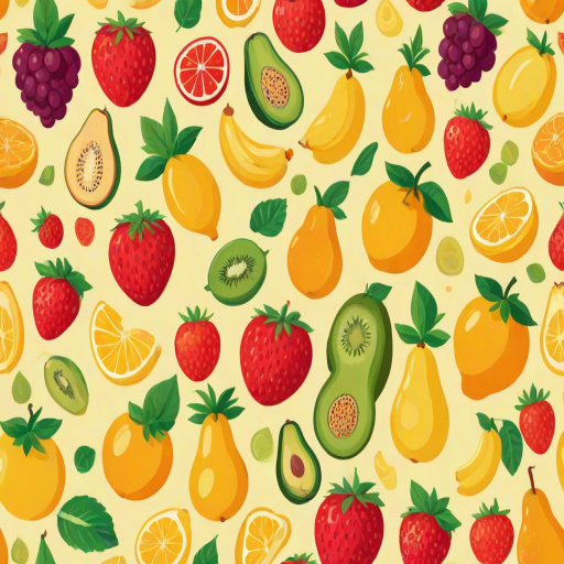 create a flat design illustration of colorful fruits including strawberries, grapes, bananas, peaches, lemons, watermelon, pineapple, avocados, oranges, and pears on a light yellow background